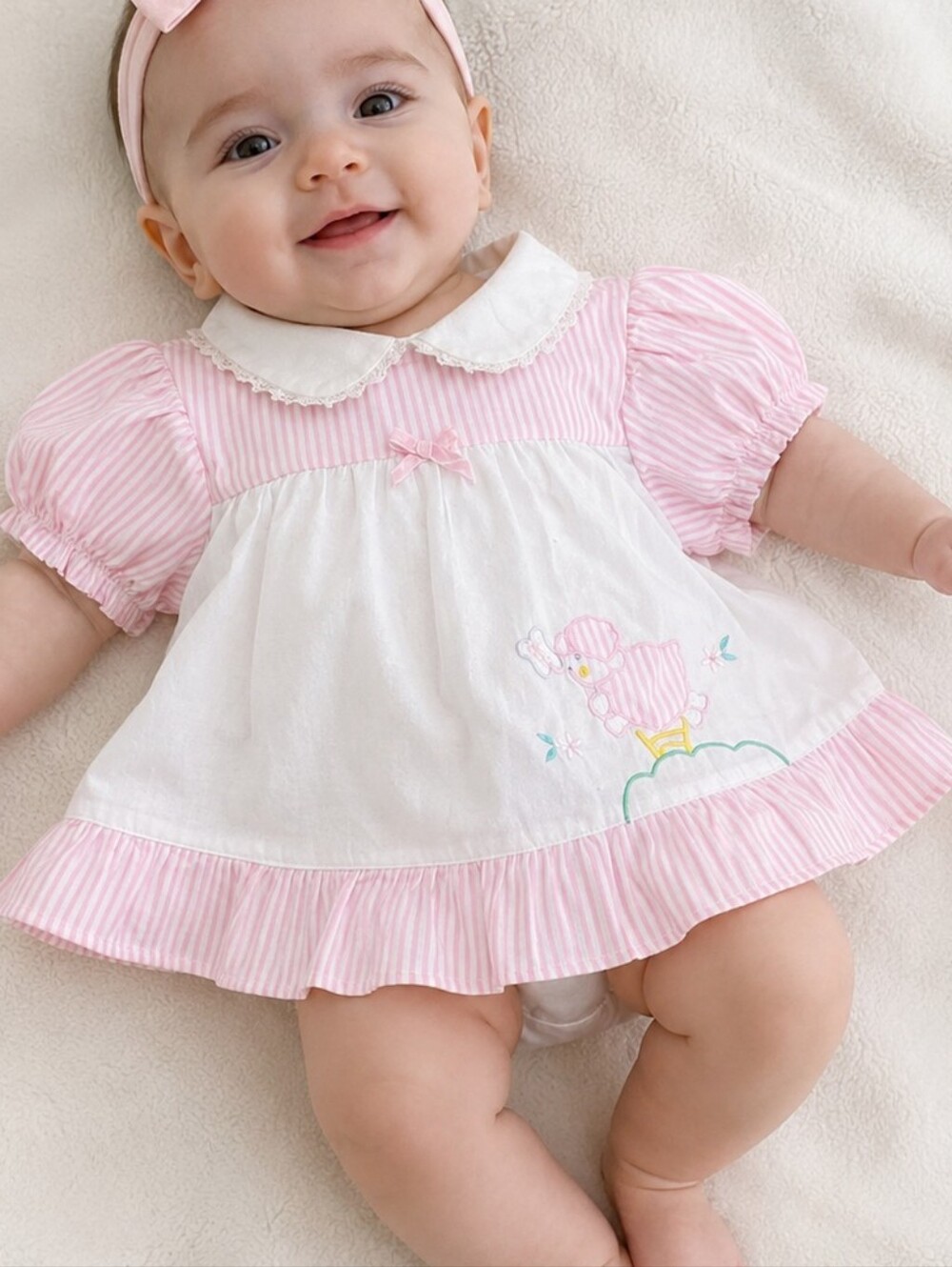 Mini Togs Baby Girls Pink & White Lamb Embroidered Dress 3-6 Months Vintage